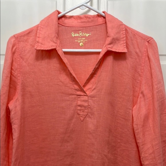 Lilly Pulitzer 100% Linen Salmon Pink Collared Long Sleeve Blouse - Size Small - Picture 3 of 13